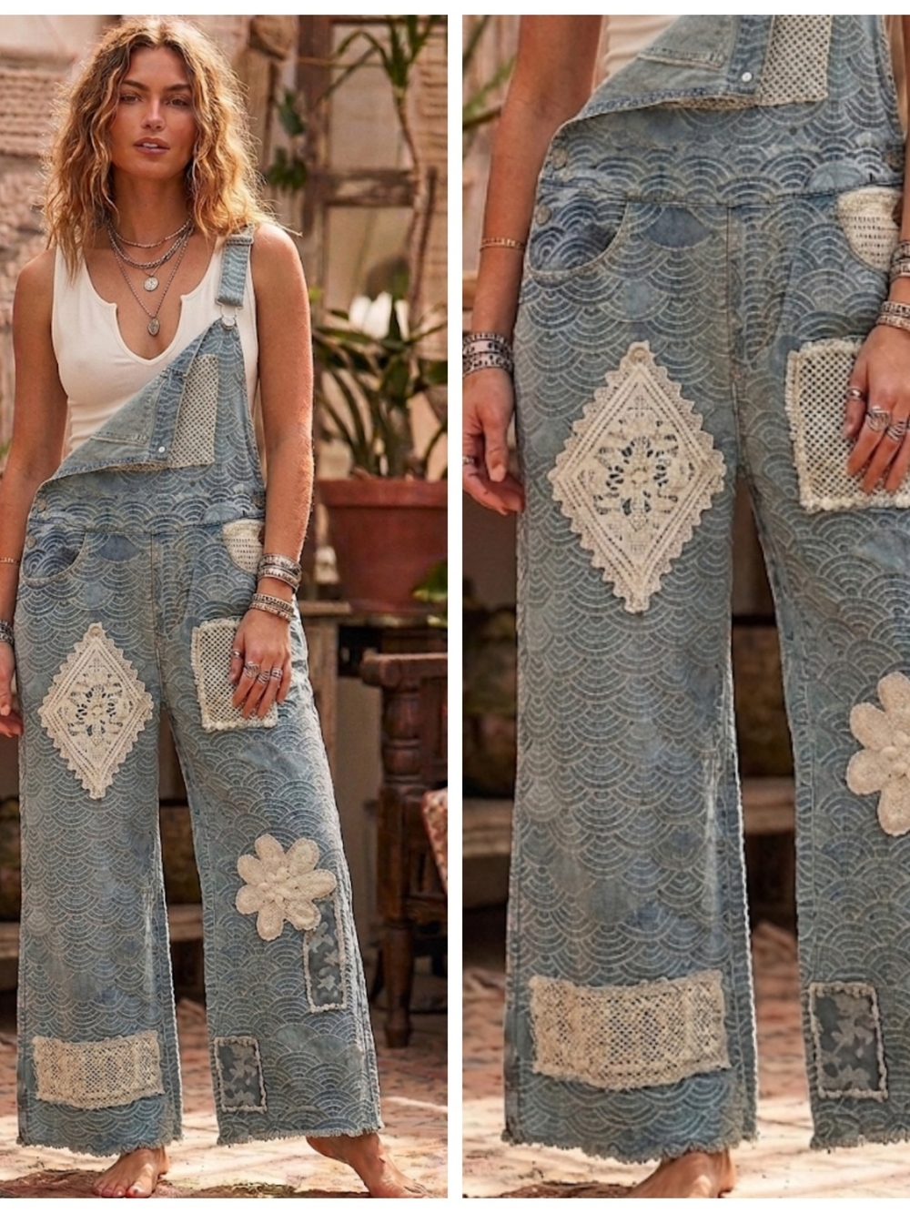 POL Light Blue Lace Patchwork Wide-Leg Overalls Jumpsuit